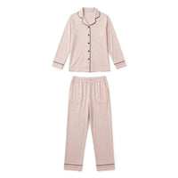 Blush pink polka dot pyjama set with black piping and matching trousers