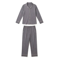 Charcoal grey pyjama set with cream piping, button-through shirt and elastic waist trousers