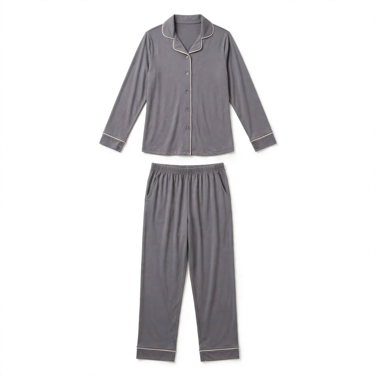 Charcoal grey pyjama set with cream piping, button-through shirt and elastic waist trousers