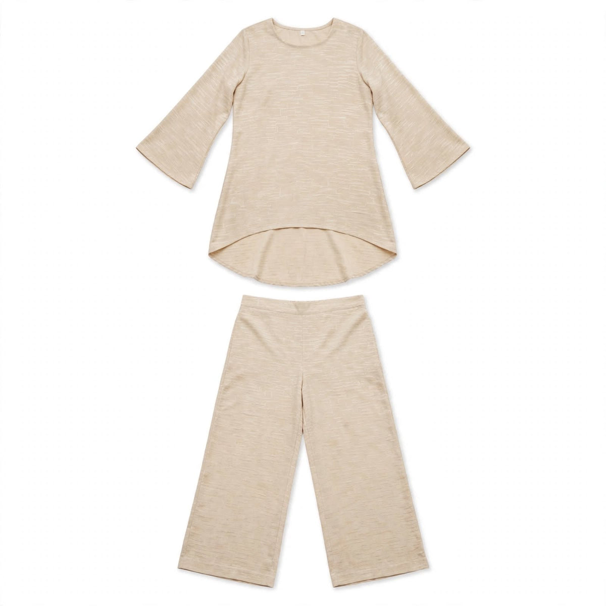 Beige textured weave tunic and matching wide-leg trouser set