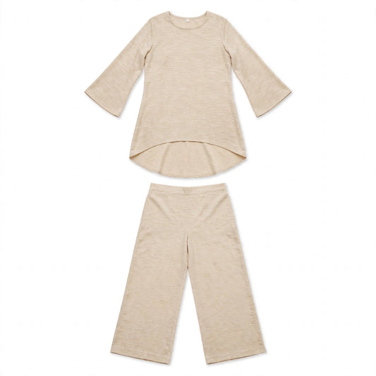 Beige textured weave tunic and matching wide-leg trouser set