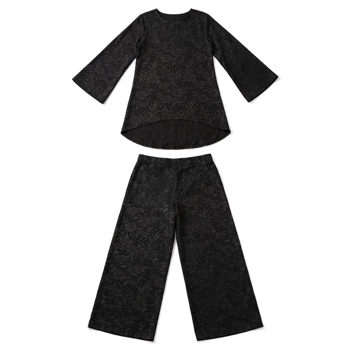 Black floral jacquard tunic and matching wide-leg trouser set