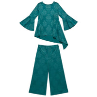 Teal damask jacquard bell sleeve tunic and matching wide-leg trouser set