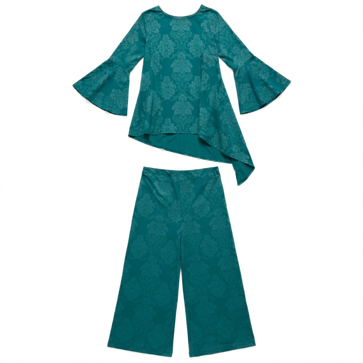 Teal damask jacquard bell sleeve tunic and matching wide-leg trouser set