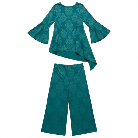 Teal damask jacquard bell sleeve tunic and matching wide-leg trouser set