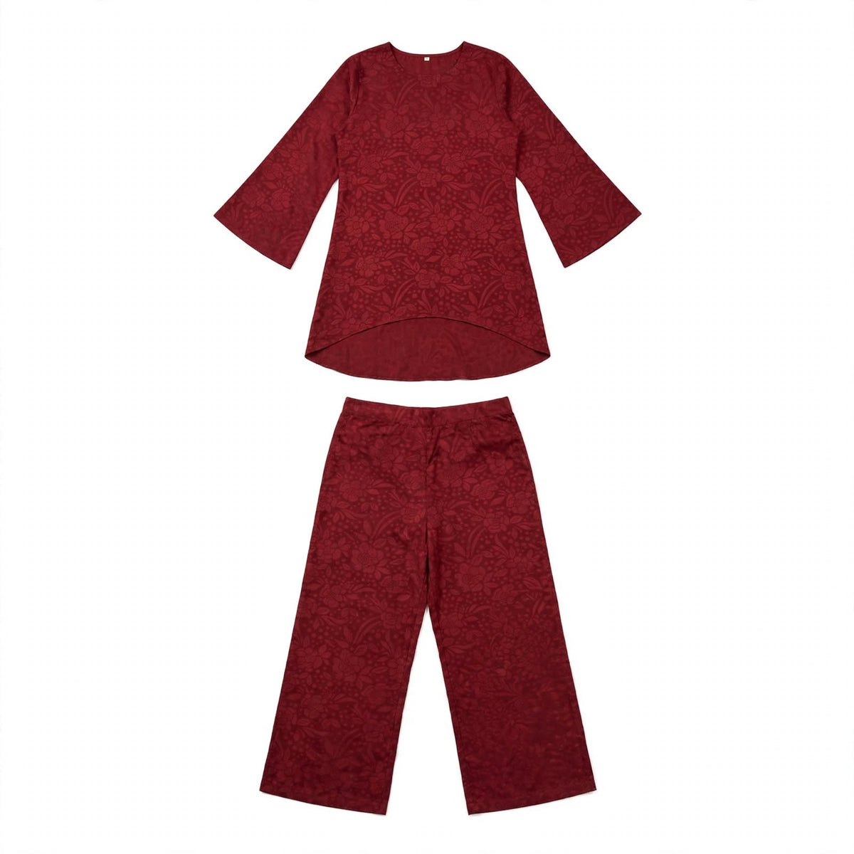Deep red floral jacquard tunic and matching wide-leg trouser set