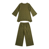 Olive green floral jacquard tunic and matching wide-leg trouser set