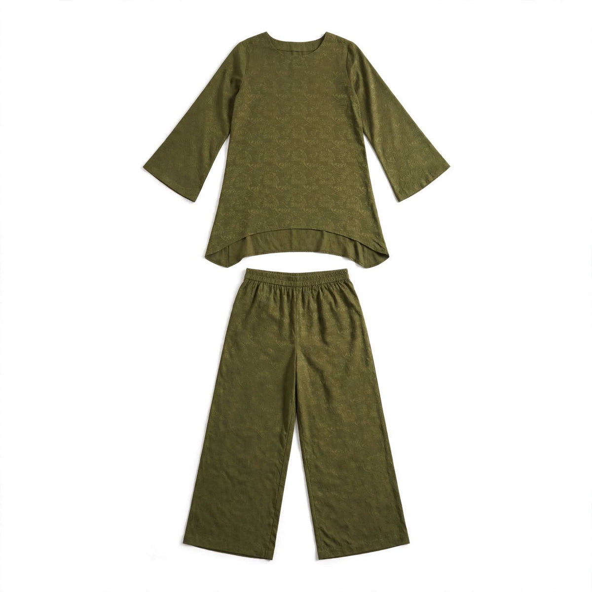 Olive green floral jacquard tunic and matching wide-leg trouser set
