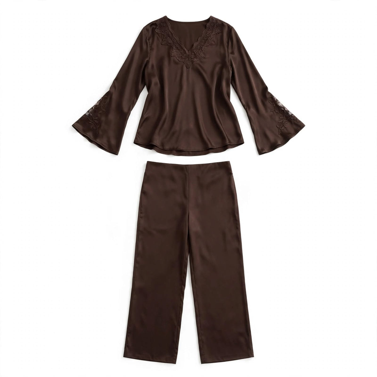 Chocolate brown satin two-piece set with lace trim V-neck top and straight-leg trousers