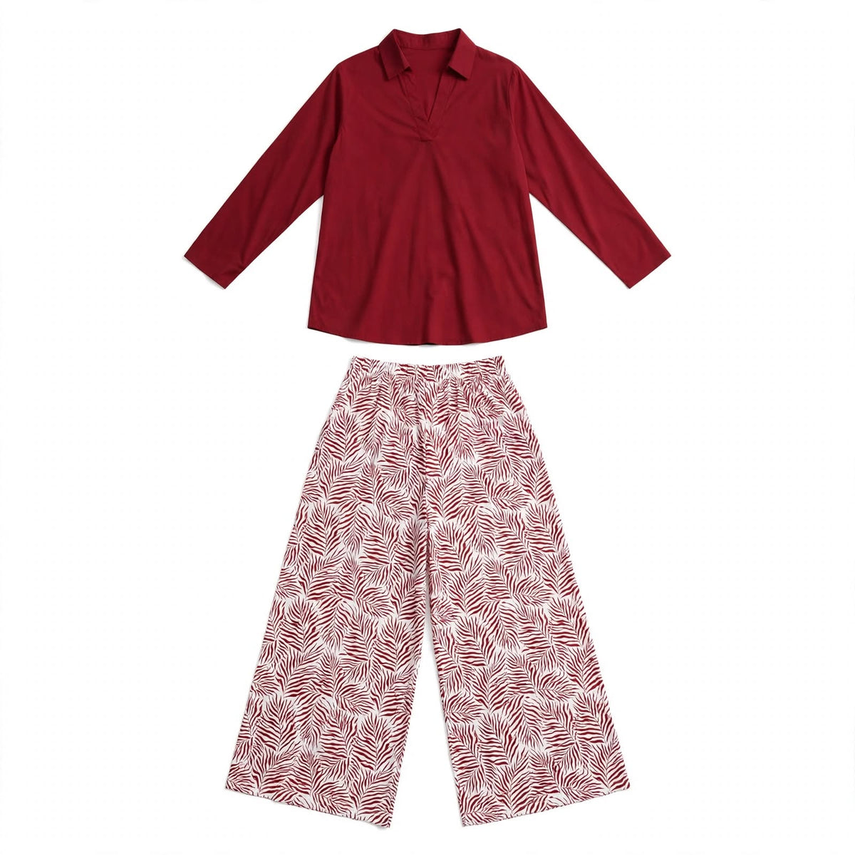 Maroon collared tunic with red and white leaf print wide-leg trousers