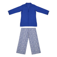 Royal blue lace cuff tunic with blue and white leaf print wide-leg trousers