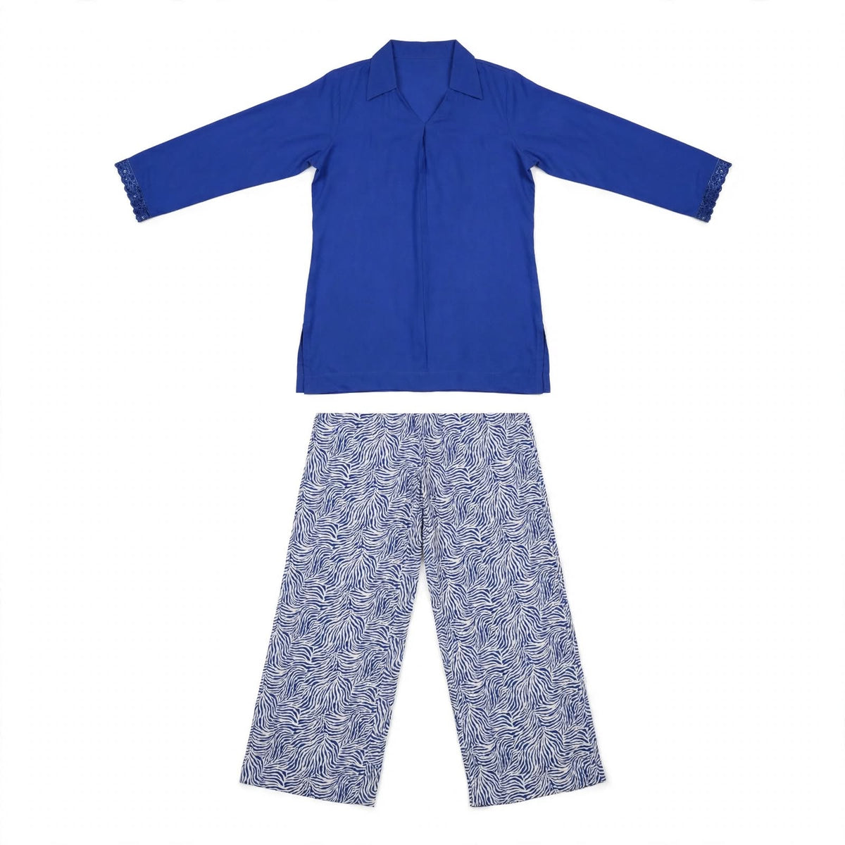 Royal blue lace cuff tunic with blue and white leaf print wide-leg trousers