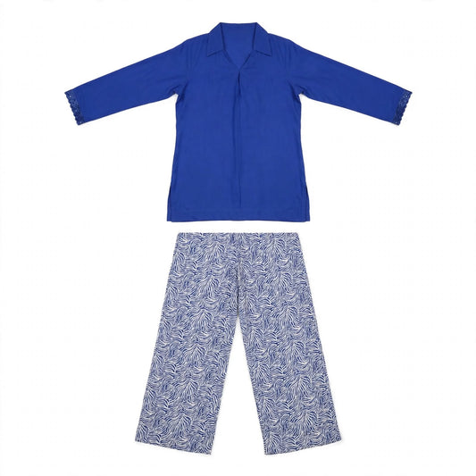 Royal blue lace cuff tunic with blue and white leaf print wide-leg trousers