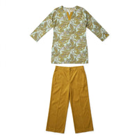 Mint paisley print tunic with mustard wide-leg trousers, two-piece set
