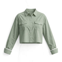 Sage green cropped utility shirt with flap pockets and contrast turn-back cuffs