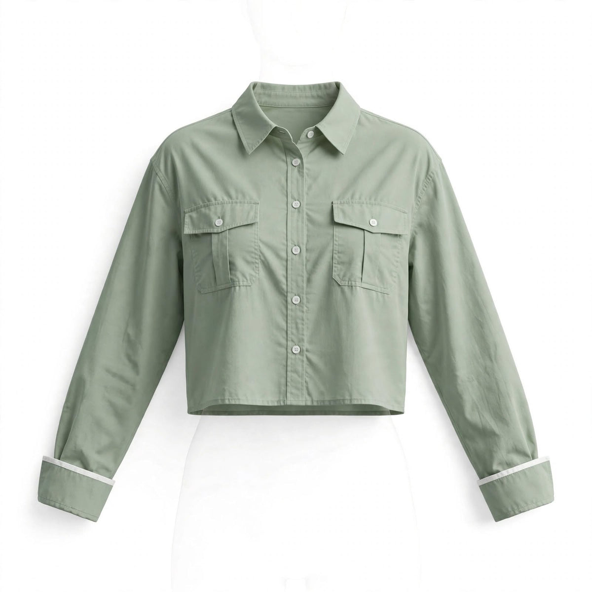Sage green cropped utility shirt with flap pockets and contrast turn-back cuffs