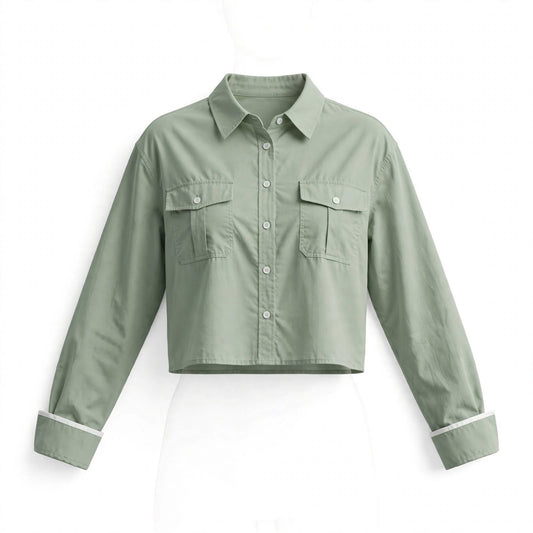 Sage green cropped utility shirt with flap pockets and contrast turn-back cuffs