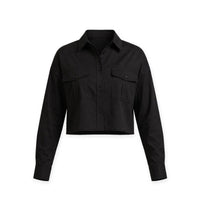 Black cropped utility shirt with flap chest pockets and boxy fit