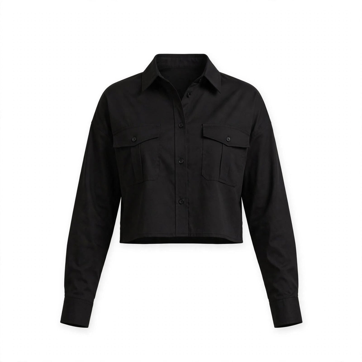 Black cropped utility shirt with flap chest pockets and boxy fit