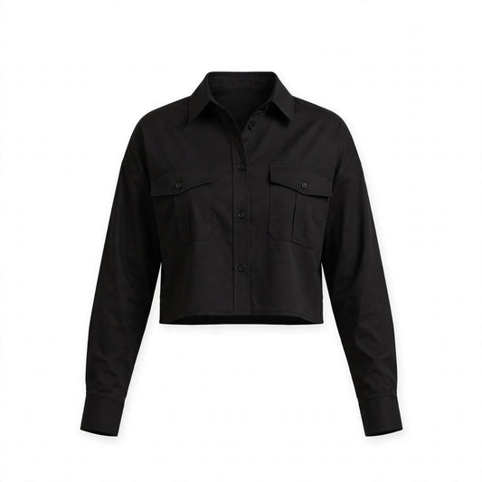 Black cropped utility shirt with flap chest pockets and boxy fit