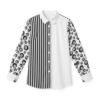 Black and white colourblock shirt with stripe panel and printed sleeves