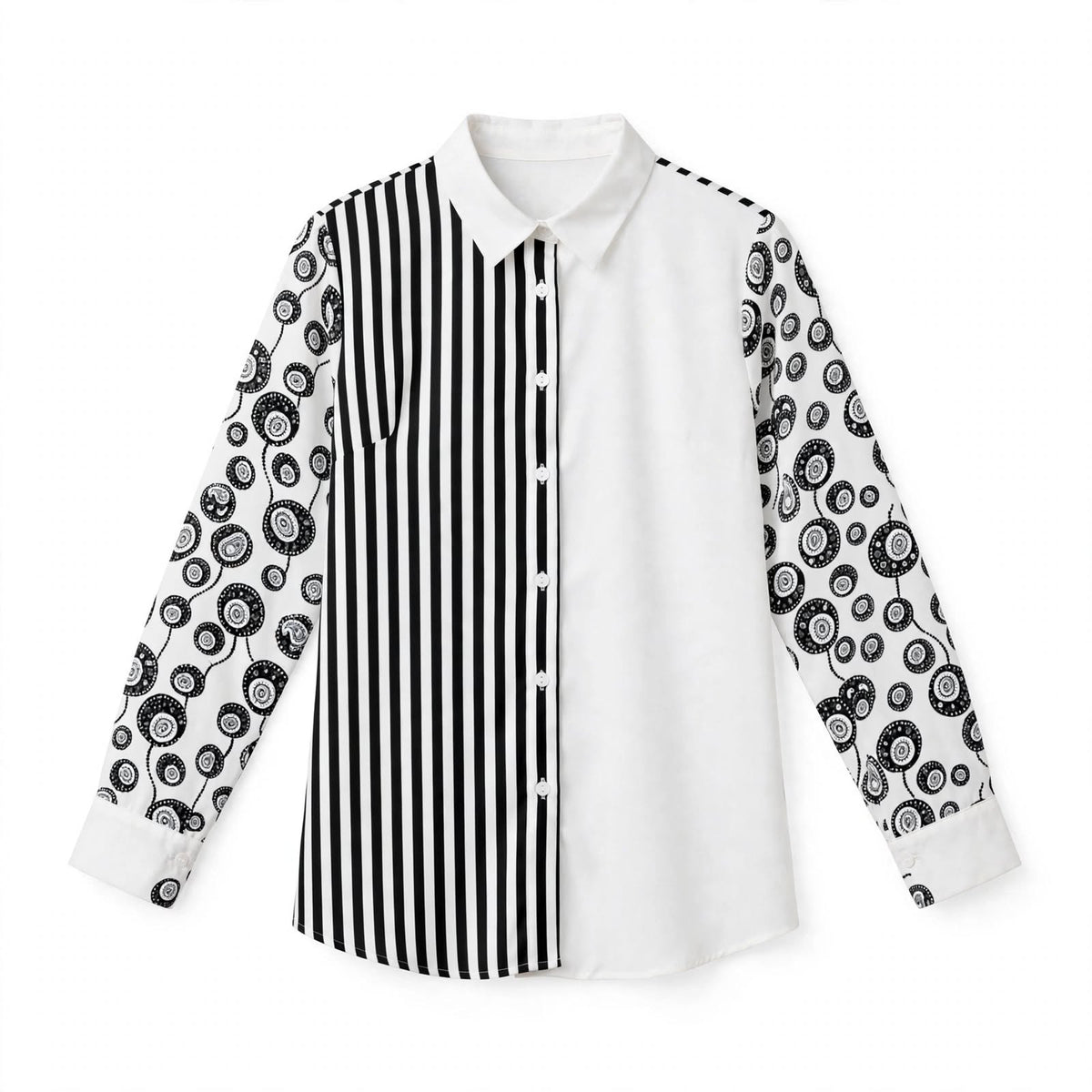 Black and white colourblock shirt with stripe panel and printed sleeves
