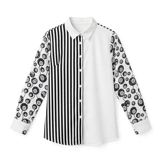 Black and white colourblock shirt with stripe panel and printed sleeves