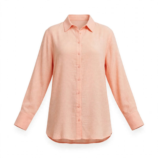 Blush peach crinkle cotton oversized shirt with curved hem
