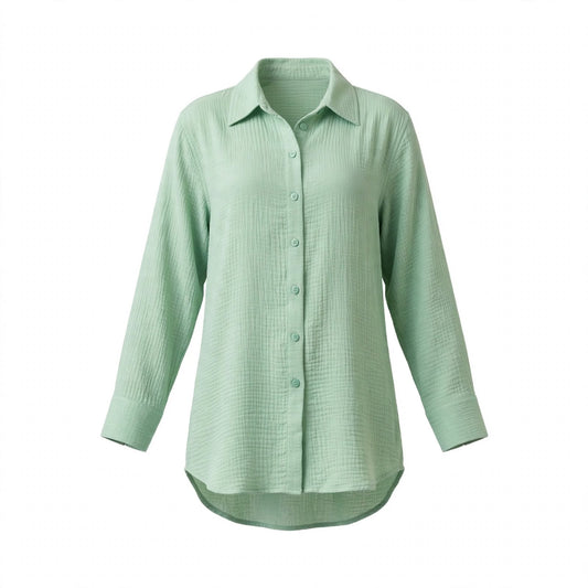 Sage green crinkle cotton oversized shirt with collared button front