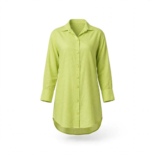 Lime green linen-look long shirt with collared button front