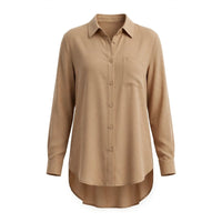 Camel beige long shirt with chest pocket and high-low hem