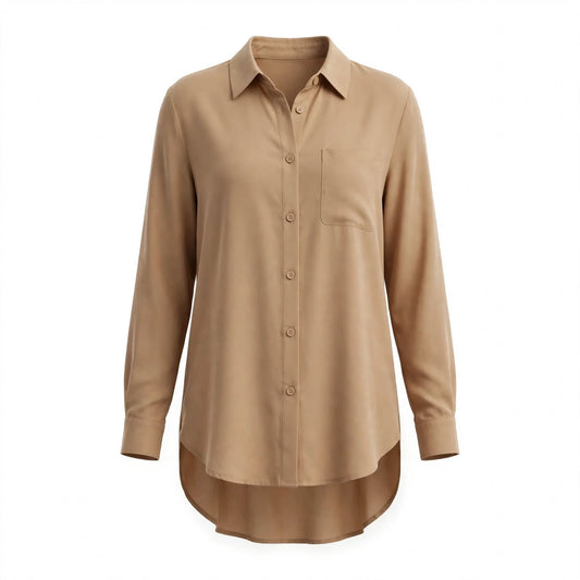 Camel beige long shirt with chest pocket and high-low hem