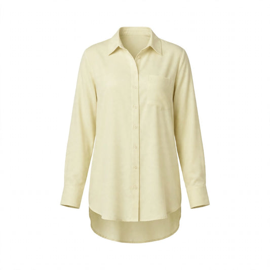 Ivory cream long shirt with chest pocket and high-low hem