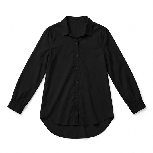 Black long shirt with collared button front and curved high-low hem
