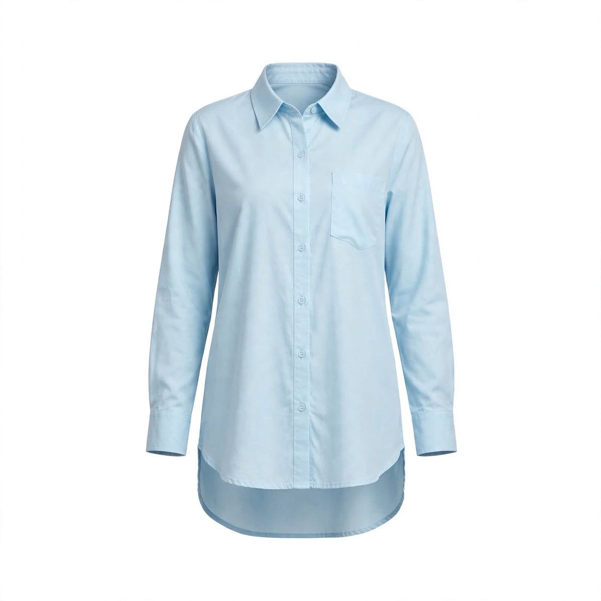 Light blue long shirt with chest pocket and high-low hem