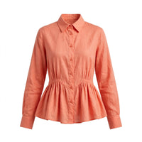 Coral peplum shirt with fitted waist and collared button front