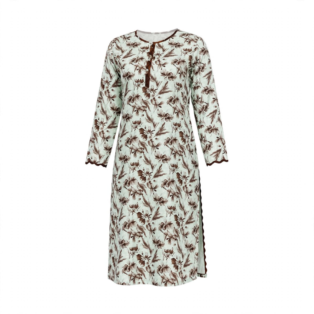 Mint green kurti with brown floral print and scalloped trim
