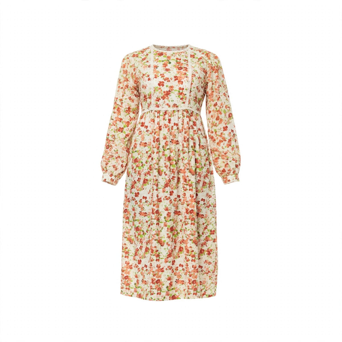 Cream and coral floral midi dress with empire waist and lace-trimmed yoke