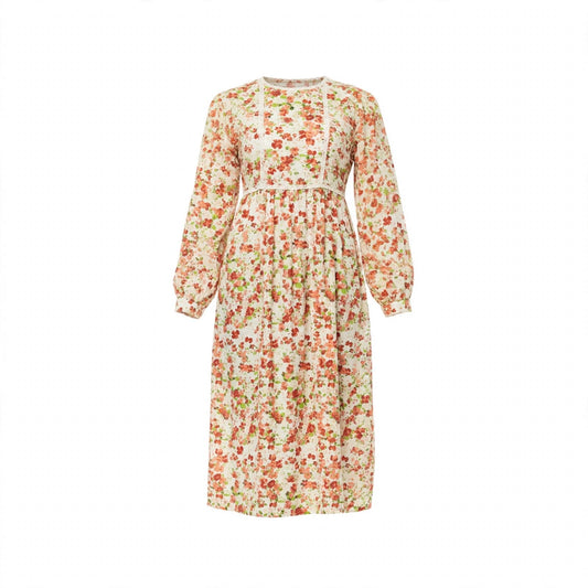 Cream and coral floral midi dress with empire waist and lace-trimmed yoke