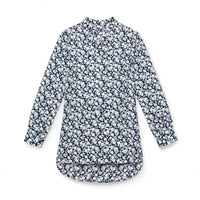 Navy ditsy floral tunic shirt with mandarin collar and high-low hem
