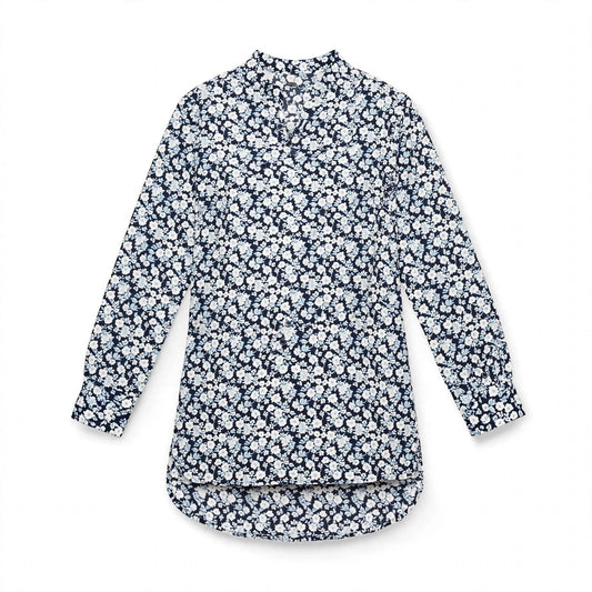 Navy ditsy floral tunic shirt with mandarin collar and high-low hem
