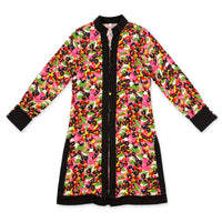 Pink floral long shirt with black contrast panels and cuffs