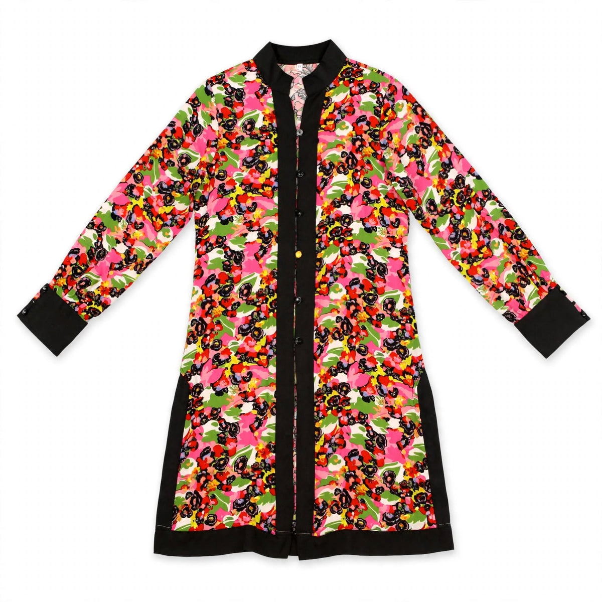 Pink floral long shirt with black contrast panels and cuffs