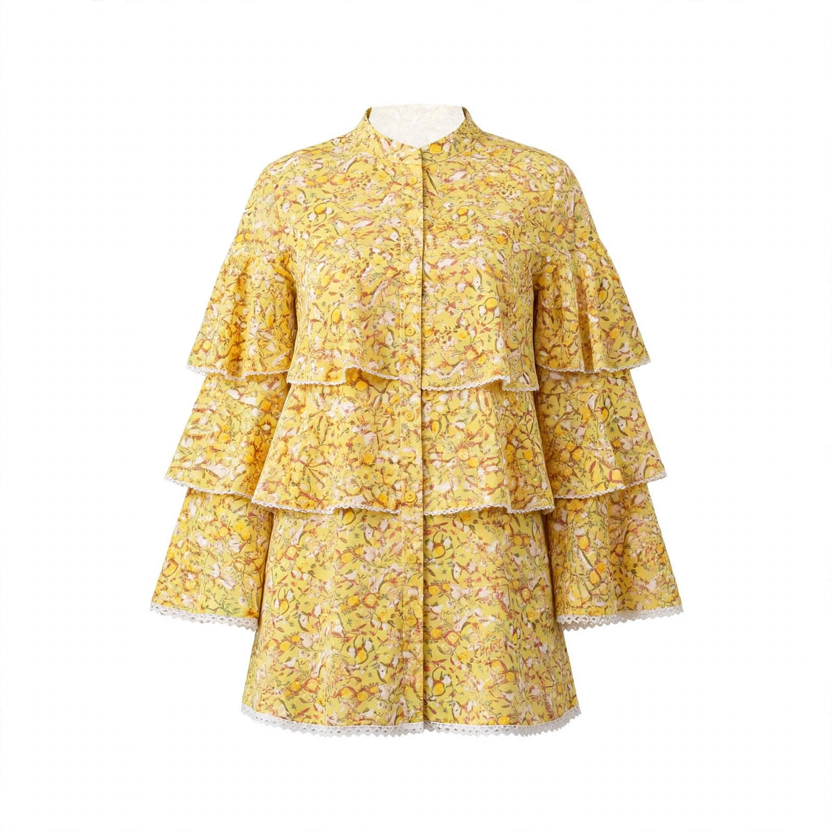 Yellow floral tiered ruffle top with white lace trim and layered sleeves