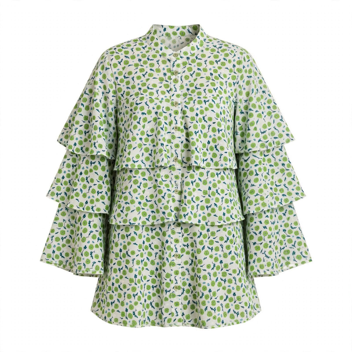 White and green floral tiered ruffle top with cape sleeves
