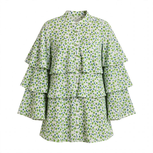 White and green floral tiered ruffle top with cape sleeves