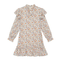Cream ditsy floral dress with ruffled yoke, high neck and frill hem