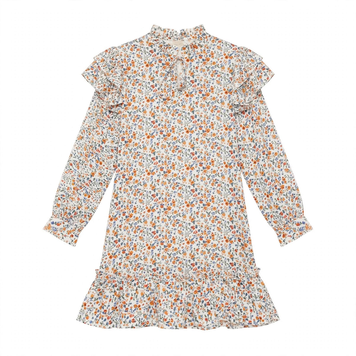 Cream ditsy floral dress with ruffled yoke, high neck and frill hem