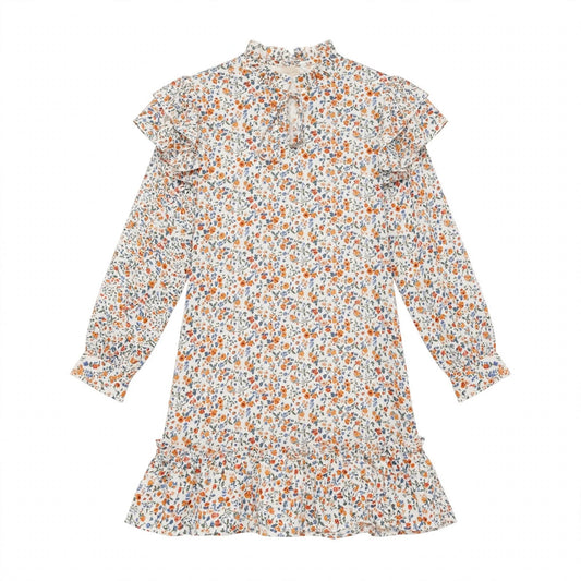 Cream ditsy floral dress with ruffled yoke, high neck and frill hem