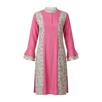 Pink kurti with floral side panels, mandarin collar and ruffled bell sleeves